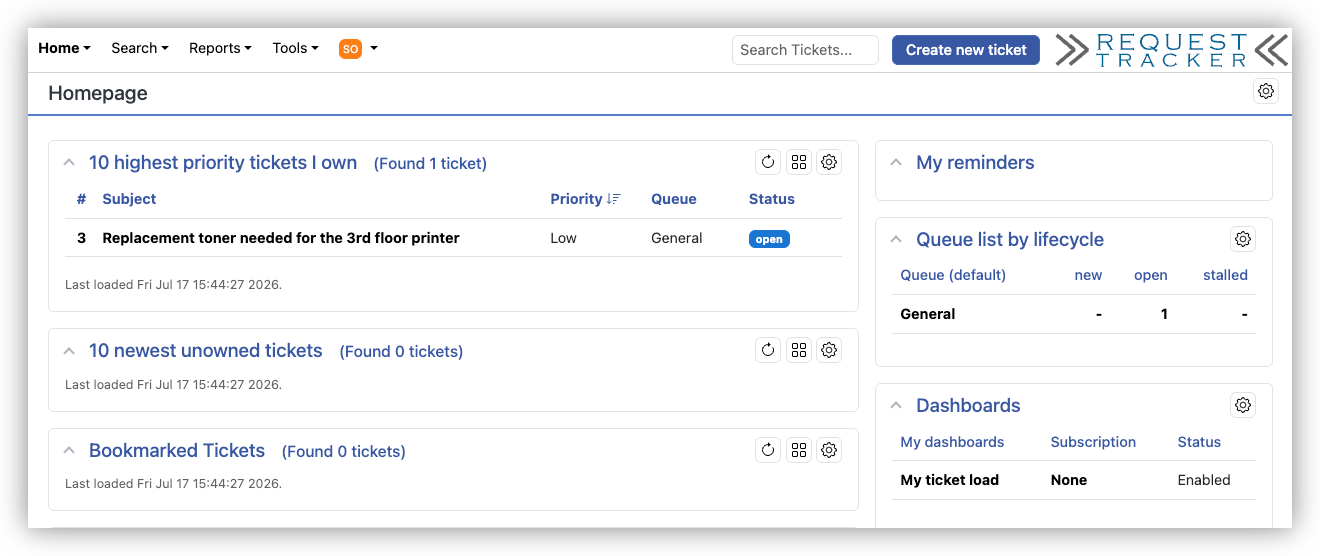 The RT homepage, showing ticket portlets on the left, summary portlets on the right, and the main menu with the Search Tickets box and Create new ticket button